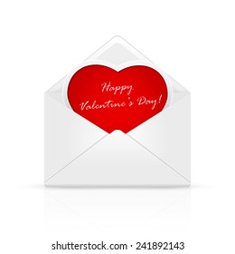 Open envelope mail with Valentines congratulation on red heart, illustration.