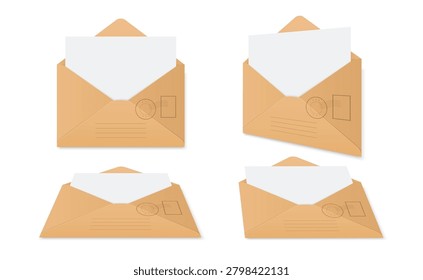 Open envelope mockup with letter for email, postal communication, invitation, office stationery