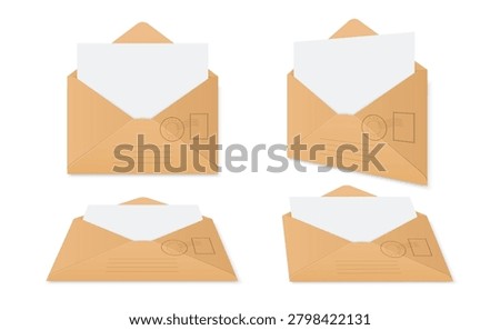 Open envelope mockup with letter for email, postal communication, invitation, office stationery