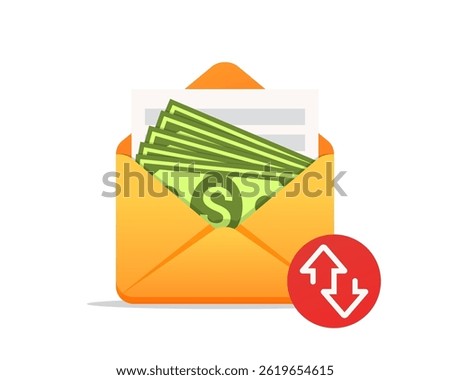 Open envelope with money bills. Money transfer, wage, payment, receipt of money, financial gift, cash. Vector illustration.