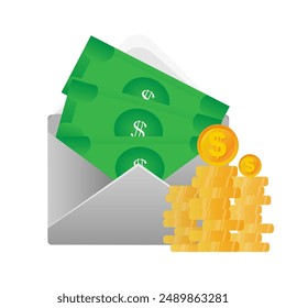 An open envelope with money and coins. Dollar bills. vector illustration