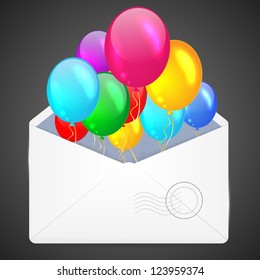 Open envelope with multicolored balloons. Vector illustration.