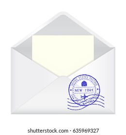 Open envelope with New York stamp and letter inside. Vector 3d illustration isolated on white background