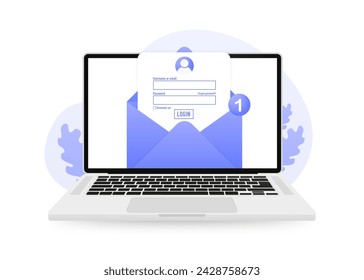 Open envelope on the computer screen. Update personal data concept. Getting a new username and password for an account. Information protection, security in the Internet. Vector illustration