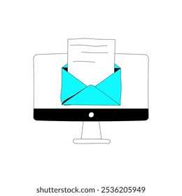 Open Envelope On Computer Screen In Flat Vector Illustration Symbolizing Digital Communication, Email, And Information Exchange, Isolated On White Background