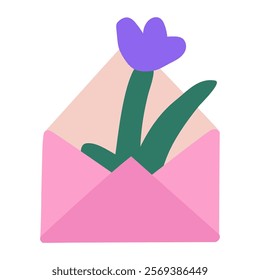 Open envelope with one flower. Congratulation. Hand drawn flat vector design. Illustration on white background.