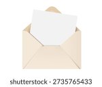 Open envelope with paper blank greeting card or letter. Realistic vector illustration of envelope with sheet paper,template