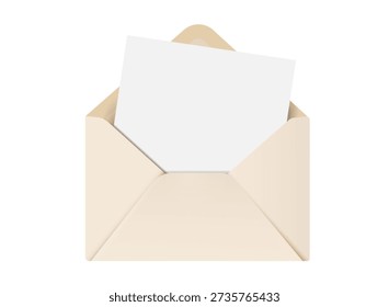 Open envelope with paper blank greeting card or letter. Realistic vector illustration of envelope with sheet paper,template