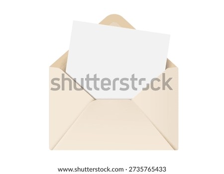 Open envelope with paper blank greeting card or letter. Realistic vector illustration of envelope with sheet paper,template