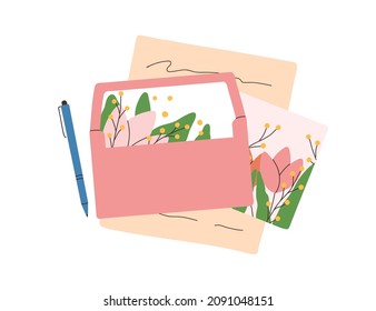 Open envelope with paper handwritten letter and greeting postcard composition. Correspondence, spring post card with flowers. Flat vector illustration of mail isolated on white background