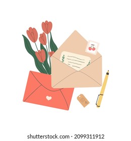 Open Envelope With Paper Handwritten Letter. Spring Tulips As A Gift. The Concept Of Congratulations For Valentines Day. Flat Vector Illustration Of Mail Isolated On White Background.