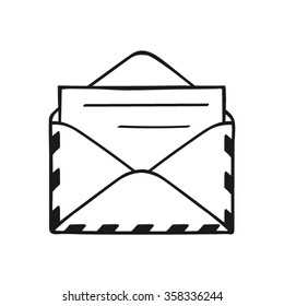 Open envelope with  paper,  isolated hand drawn. Mail icon vector illustration.