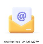 Open envelope with paper sheet and e-mail icon with at symbol. 3d vector icon. Cartoon minimal style.