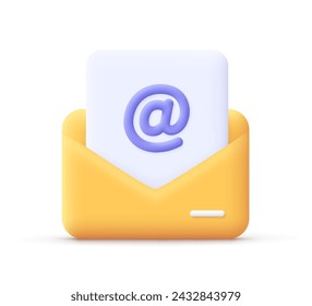 Open envelope with paper sheet and e-mail icon with at symbol. 3d vector icon. Cartoon minimal style.