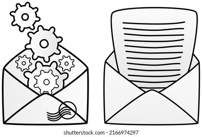 Open envelope with paper sheet and gears symbol of email. Communication via electronic mail concept. Online chatting and mailing via Internet. Letter, postal item, virtual mailbox vector illustration