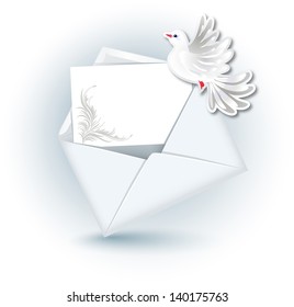 Open envelope with paper for text and  dove