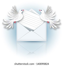 Open envelope with paper for text and two doves