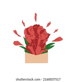 Open envelope with peony flower petals and green leaves. Colorful vector isolated illustration hand drawn. Card or print. Confession of feelings, manifestation of love