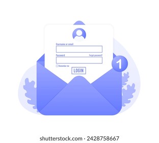 Open envelope and personal data. Update personal data concept. Getting a new username and password for an account. Information protection, security in the Internet. Vector illustration