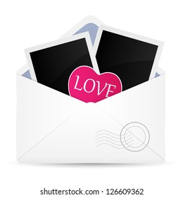 Open envelope with photo frame and heart. Vector illustration.