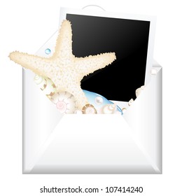 Open Envelope With Photo And Starfish, Isolated On White Background, Vector Illustration