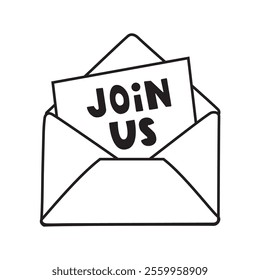 Open envelope. Phrase - join us. Outline vector illustration on white background.