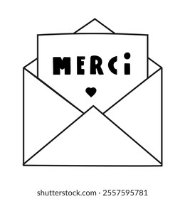 Open envelope with phrase - Merci. Outline illustration on white background.