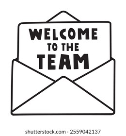 Open envelope. Phrase - welcome to the team. Outline vector illustration on white background.