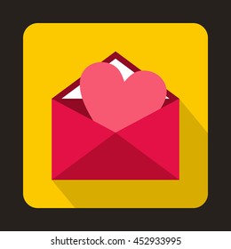 Open envelope with pink heart icon in flat style on a yellow background