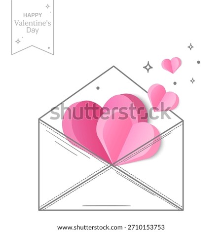 Open envelope with pink paper hearts and doodle sparkles on a white, for Valentine's Day cards, fashion prints, love messages, social media, wedding invitations, romantic designs. Vector illustration