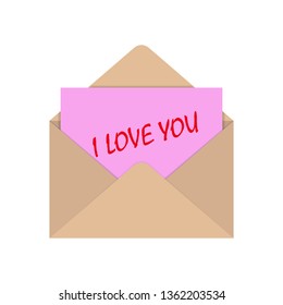 An open envelope with a pink slip letters and the words I love you, flat design