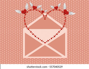 Open the envelope and pulled out the bird from his red heart. Valentine's Day. Love inside. Vector illustration on pink background. Greeting card