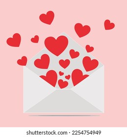 open envelope, rain of red hearts coming out decorative for happy valentines day, love, romance, pink background, vector illustration