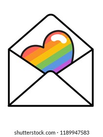 Open envelope with rainbow heart. Letter with LGBT flag symbol.