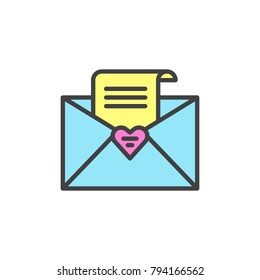 Open envelope with received message filled outline icon, line vector sign, linear colorful pictogram isolated on white. Love letter symbol, logo illustration. Pixel perfect vector graphics