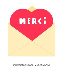 Open envelope with red heart word word - Merci. Thank you. Flat design. Hand drawn illustration on white background.