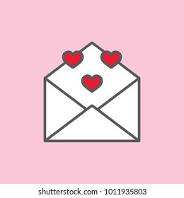 open envelope with red hearts line flat icon on pink background