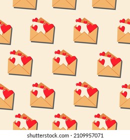 An open envelope and red hearts. Vector pattern in a flat style. Simple seamless pattern. Valentine's Day background.