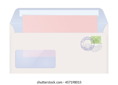 Open envelope with red paper letter. Vector illustration isolated on white background