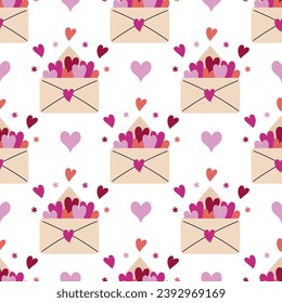 Open envelope with red and pink hearts seamless vector pattern. Symbol of love, romantic message. Mail for Valentine's Day, wedding, date. Hand drawn doodle. Flat cartoon background for print, cards
