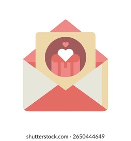 Open envelope revealing a heart shaped gift and another heart