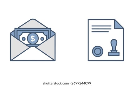 An open envelope reveals dollar bills, next to a document with a stamp, representing financial transactions.