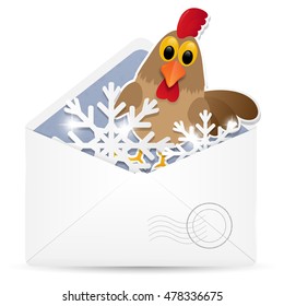 Open envelope with rooster. Vector illustration. 