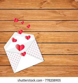 Open envelope with scattered folded paper hearts on wooden surface with space for text. Valentine day concept, vector illustration, border, frame.
