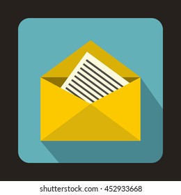 Open envelope with sheet of paper icon in flat style on a baby blue background