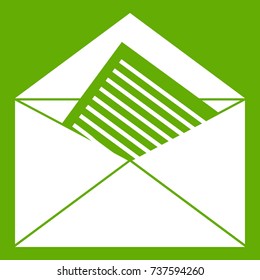 Open envelope with sheet of paper icon white isolated on green background. Vector illustration