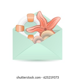 Open envelope with shells and starfishes.