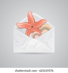 Open envelope with shells and starfishes.