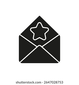 Open Envelope With Star Solid Icon. Featured Mail, Important Message, And Vip Invitation Silhouette Symbol. Special Correspondence Highlight. Isolated Vector Illustration.