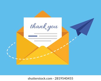 Open envelope with thank you letter and paper airplane representing appreciation communication mailing correspondence and message delivery isolated colorful vector illustration for business and greeting designs